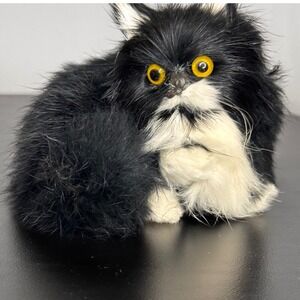 Vintage Real Fur Cat Figurine Animal Statue Black White Yellow Eyed Fuzzy